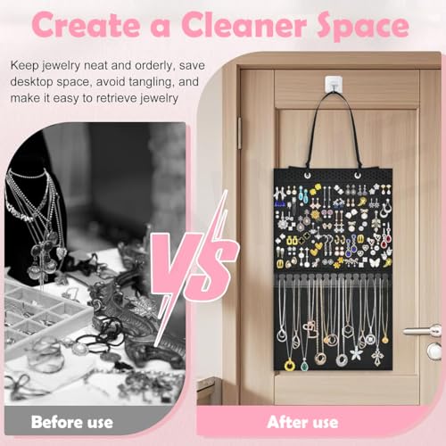 Image of HASTHIP Hanging Jewelry Organizer for Earrings & Necklaces, Felt Display Holder with 140 Earring Holes & 16 Necklace Hooks, 57x34.5 cm