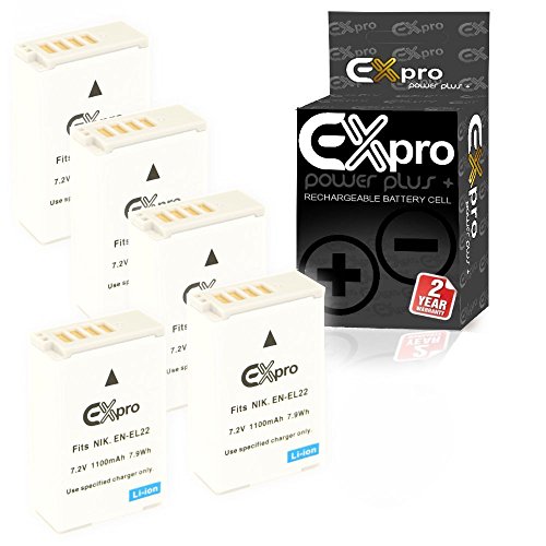 Ex-Pro EN-EL22, ENEL22 1100mAh High Rated Power Plus+ Lithium Li-on Digital Camera Battery for Nikon 1 J4, 1 S2 - [5 Pack]