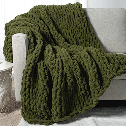 Carriediosa Chunky Knit Throw Blanket & Cable Knit Throw Blanket， 50" X 60" Olive Green #TOP2