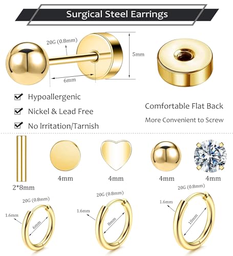 Hypoallergenic Surgical Steel Earrings for Sensitive Ears 14K Gold Stainless Steel Flat Back Earrings for Women Men Small Titanium Earring Flatback Stud Hoop Cartilage Earring Set for Multiple Piercing2