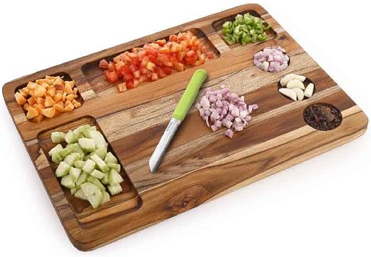Crystal Teak Wood Chopping Board with 7 Compartments | Chop &amp; Organise | Perfect for Vegetables, Fruits &amp; Bread | Extra La...