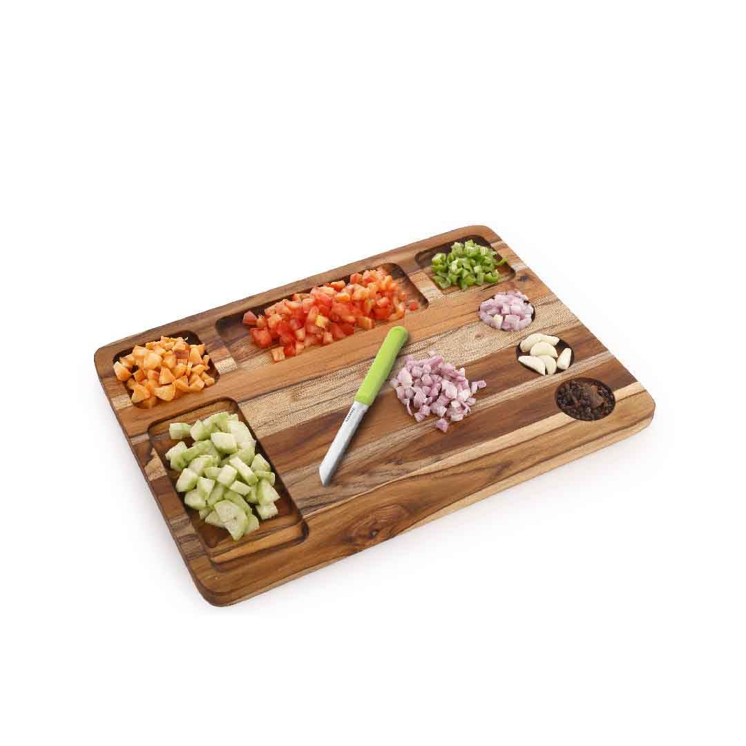 Crystal Teak Wood Chopping Board with 7 Compartments | Chop & Organise | Perfect for Vegetables, Fruits & Bread | Extra La...