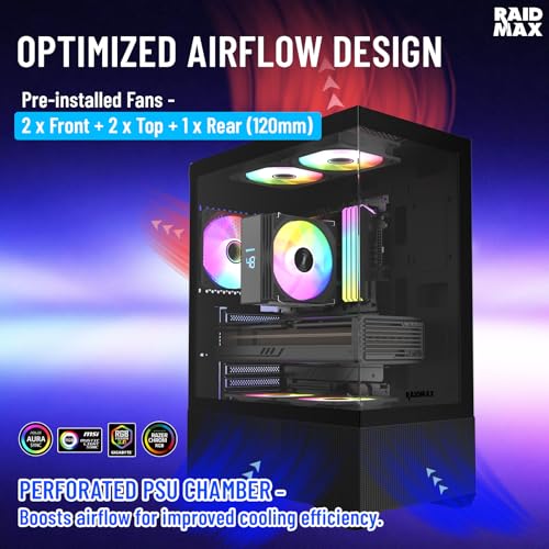 Image of Raidmax i802 Vibe Series ATX Mid Tower Gaming Case Bundle - Tempered Glass Side Panel, Includes 700W 80+ Power Supply, AM1204 Digital Display Air Cooler, and 5 Pre-Installed FRGB Fans (Black)