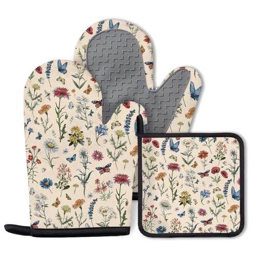 Vintage Floral Oven Mitts and Pot Holders 3Pcs...