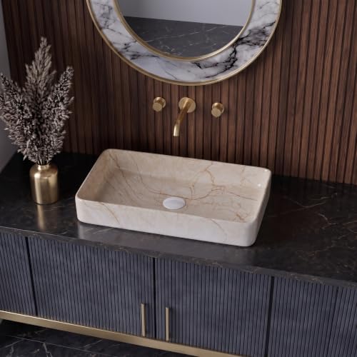 Image of Wash Basin Countertop | Tabletop Ceramic Bathroom Sink | Wash Basin Over Counter | (24 x 14 x 5 Inch) (Designer Cream)