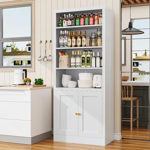Image of Kitchen Pantry Cabinet, 55 inch Tall Metal Storage Cabinet with Doors and Shelves, Pantry Storage Cabinets for Kitchen, Living Room, Dining Room，White