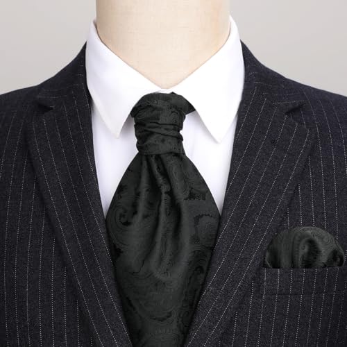 Image of HISDERN Ascot Ties for Men Paisley Floral Ascot and Pocket Square Set Classic Self Tie Mens Cravat Handkerchief for Wedding