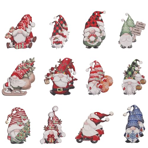 24 Pcs Christmas Tree Wooden Decorations, Hanging Gonks Ornament Cute Wood Ornaments for Xmas Home Party Decoration (Christmas Gnome)