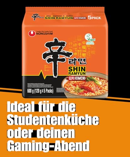 Nong Shim Instantnudeln Kimchi Ramyun – Koreanische Ramen Suppe - schnelle Zubereitung – 1er Multipack - 5 x 120g