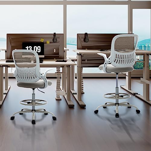 Image of Sweetcrispy Tall Drafting Office Desk Chair - Ergonomic High Stool Computer Chair with Adjustable Height and Comfy Lumbar Support, Rolling Counter Height with Flip-up Arm and Footrest, Grey