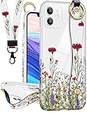 LISEVO (2in1 Floral Wrist Strap Case for iPhone 11 6.1 Inch Cute Aesthetic Flowers Design Women White Flower Designer Cases Hand Strap Girls Handle Finger Phone Cover+Lanyard for iPhone 11