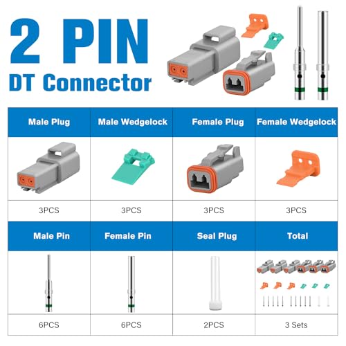 Image of Nilight 2 PIN DT Connector Kit 3 Sets Size 16 Solid Contacts | Waterproof Male Female Terminal for 14-20 AWG DT Series Connectors Car Truck Motorcycle Off-Road Vehicles Boat