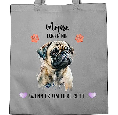 Baumwolltasche - Hunde - Mops - Geschenk Hundebesitzern - Unisize - Hellgrau - tasche hund hundebesitzer motiv einkaufstasche geschenke für hundefans hundemotiv stofftaschen bag with dog hunden