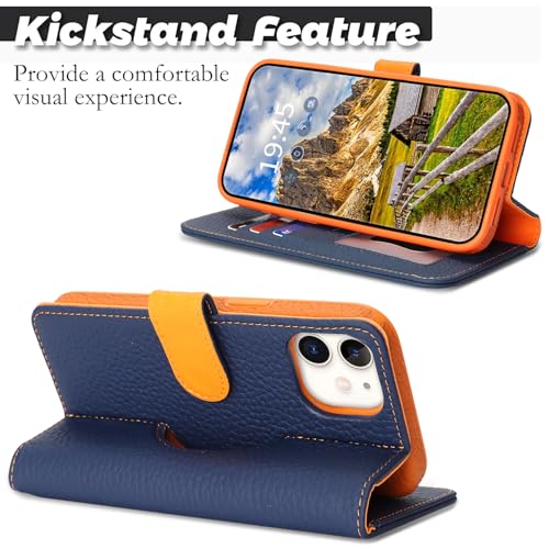 Image of Detachable Genuine Leather Case for iPhone 12 /12 Pro Wallet Case Magnetic 2in1 Removable Flip Cover Book Purse Compatible with Magsafe Charging Kickstand Card Holder-Navy Blue+Orange