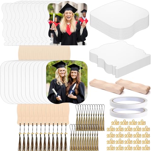 Chunful 98 Pcs 2026 Graduation Sublimation Fans Blank Bulk Double-Sided Sublimation Paddle Fan Blanks Includes White Cardstock Handle Sticks with Tassel Charms for DIY Craft Supplies(Black Yellow)