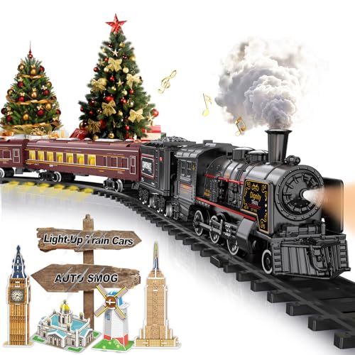 Electric Train Sets for Boys Girls Metal Alloy Christmas Trains Toys Steam Locomotive Passenger Carriages Tracks Light & Sounds Rechargeable Birthday Gifts for Kids 3 4 5 6 7 8 + Years Old Red