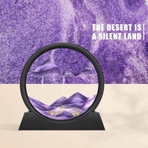 Image of Wai Danie Moving Sand Art Picture 3D Hourglass Deep Sea Sandscape Liquid Motion Display Painting Flowing Sand Frame Relaxing Desktop Home Office Work Decor (Purple, 7 Inches)