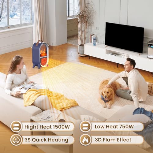 Image of Riseon Portable Electric Fireplace Heater for Home Office, Blue