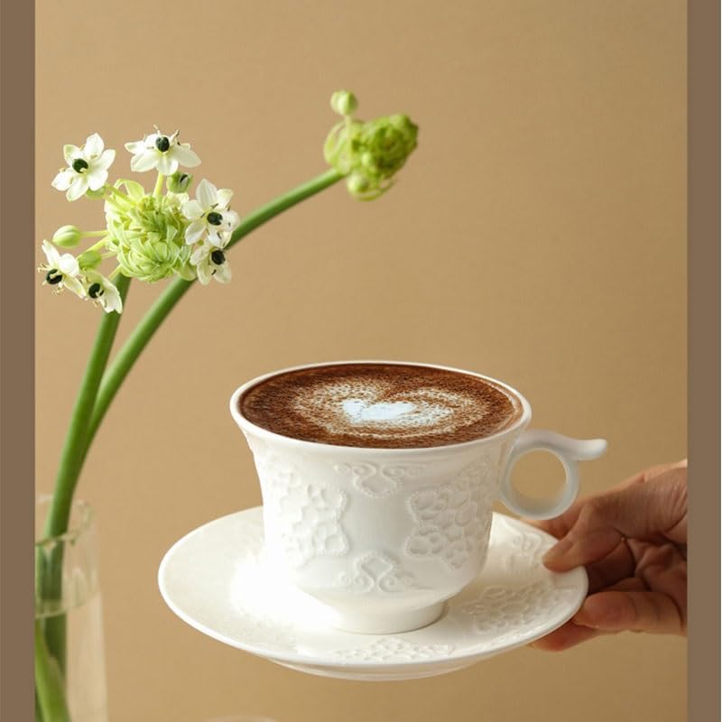 White Relief Ceramic Cup Afternoon Tea Coffee Household Water Breakfast Cups