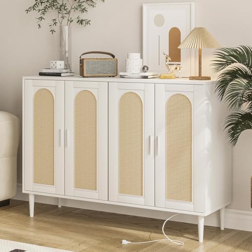 Rattan Buffet Cabinet with Storage,Sideboard Cabinet with 4 Doors and Adjustable Shelves, Console Coffee Bar with Charging Station, Boho Wood Cupboard for Kitchen, Livingroom and Dining Room,Entryway