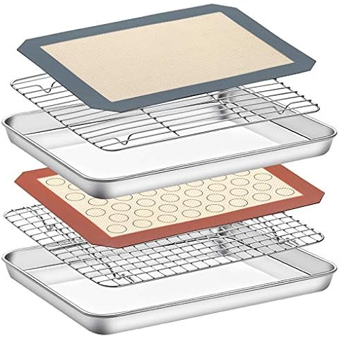 Baking Sheet with Rack Set & Silicone Mat, Set of 6[2 Sheets+2 Racks+2 Mats],Size 12x10x1 Inch, Estmoon Stainless Steel Cookie Sheet Baking Pan Tray with Cooling Rack Non Toxic &Heavy Duty ,Oven Safe Cover