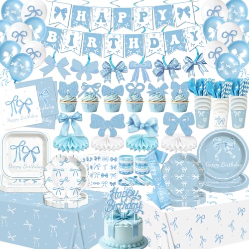 Blue Bow Birthday Party Supplies Serve 26 Coquette Birthday Decorations Blue Bow Plates Napkins Tablecloth Banner Balloons for Girls Women Baby Shower Bridal Engagement Party Decorations