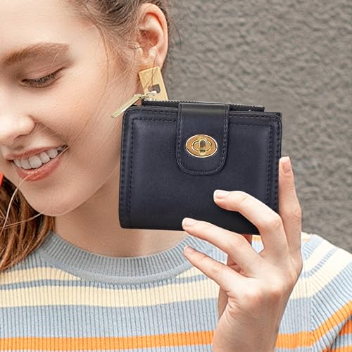 Women Wallet, PU Leather Bifold Wallet for Women, Fashion Zipper Pocket Wallet Card Holder with Lock Buckle (Black) 6