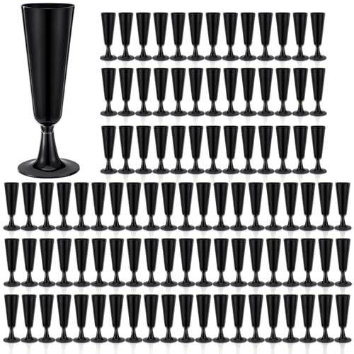 Samunewbee 100 Pack Black Champagne Flutes 5.5 oz Disposable Champagne Flutes Plastic black wine glasses For Birthday Wedding Graduation Holiday Parties Catered Events