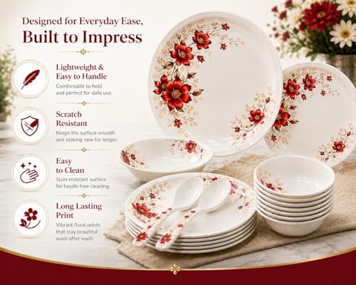 Image of Arova 32 Pieces Melamine Dinner Set for 6 Persons | Unbreakable & Lightweight Crockery Set | Serving Bowls, Spoons & Lids | Dishwasher Safe Dinnerware Set (Crimson Gold)