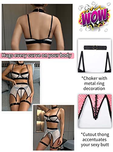Dewinya Womens 5Pc Fishnet Lingerie Sets - Choker, Underwire Bra, Hight Waisted Garter Skirt, Thong, Leg Straps, White, Large #TOP2