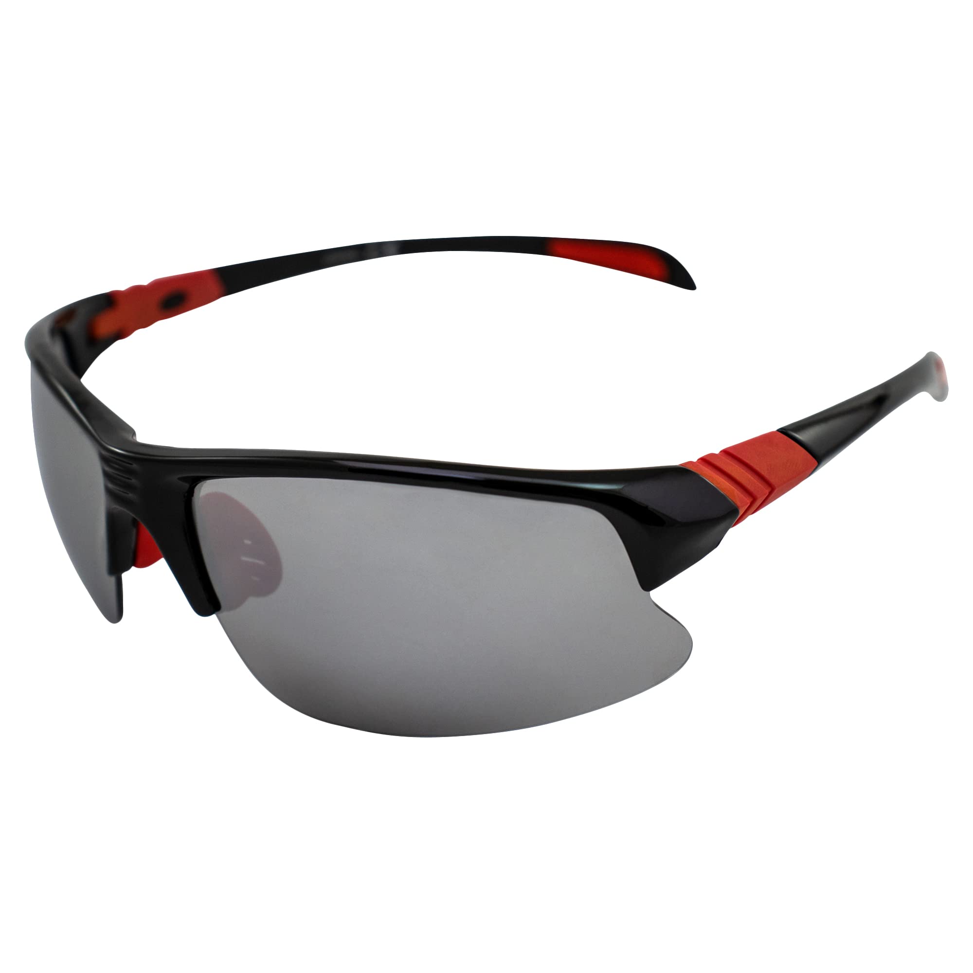 AlterImage Arrow Wraparound Sports Retro Sunglasses for Men or Women Black Semi-Rimless Frame w/Coinjected Red Rubber Tips & Flash Mirror Lenses