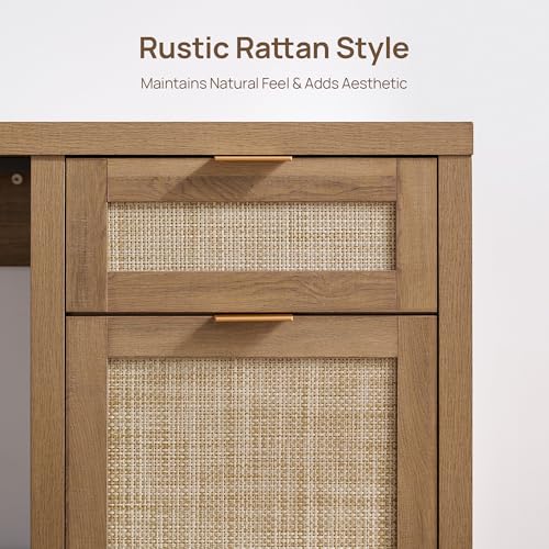Image of SICOTAS Executive Desk with Large Cabinet, Drawer, Rattan Home Office Desk | 59 inch Boho Farmhouse Computer Table Vanity Desk for Home Office, Study, Living Room, Dining Room