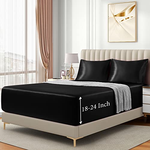 VACVELT 3pcs Extra Deep Pocket Satin Fitted Sheet Set Queen Bed Set, Black Bottom Sheet Fit 18-24 Inch Deep Pocket Mattress, Silky Bedding Set Soft & Ultra Deep Fitted Sheet & 2 Pillowcase - Image 5
