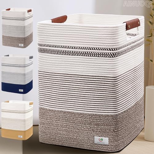 Image of AINUOQI Laundry Hamper - Tall Woven Rope Laundry Basket - Clothes hamper with Leather Handles, 17.8" X 13.8" X 22", Blanket Storage Basket for Living Room, Rice Brown & White