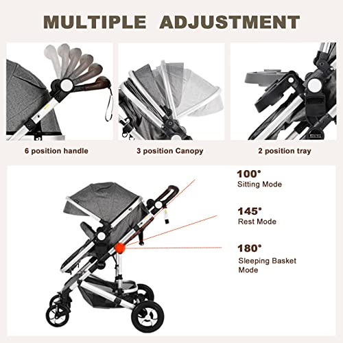 Kinder King 3 In 1 Reversible Baby Stroller W/Detachable Tray, Convert To Newborn Bassinet Pram, Folding Infant Carriage For Toddler, Adjustable Canopy & Handle, Aluminum Alloy, Suspension Wheels #TOP5