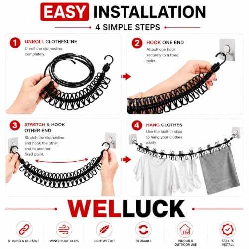 Image of WELLUCK 1 Pc Elastic Clothes Drying Rope with Hooks & 12 Clips | Portable Hanging Clothesline for Travel, Home, Balcony & Outdoor Use | Kapde Sukhane Ki Rassi Wire | Strong Stretchable