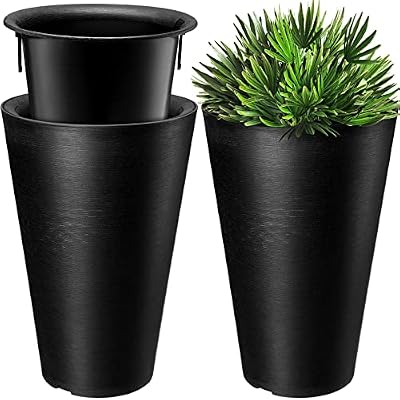 Set of 2 Tall Outdoor Planters 12 x 18 Inch Large Resin Outdoor Planters for Front Porch Flower Round Floor Decorative Indoor Pots with Drainage(Black)