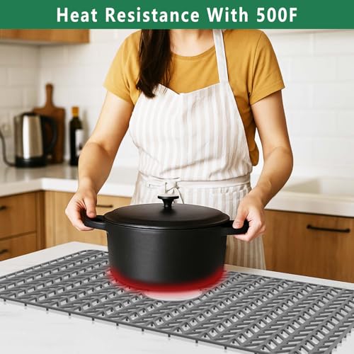 Image of GUUKIN Sink Protectors for Kitchen Mat - 29.7 inchx15.5 inch Silicone Kitchen Sink Mat Grid for Bottom of Farmhouse Stainless Steel Porcelain with Center Drain(Grey)