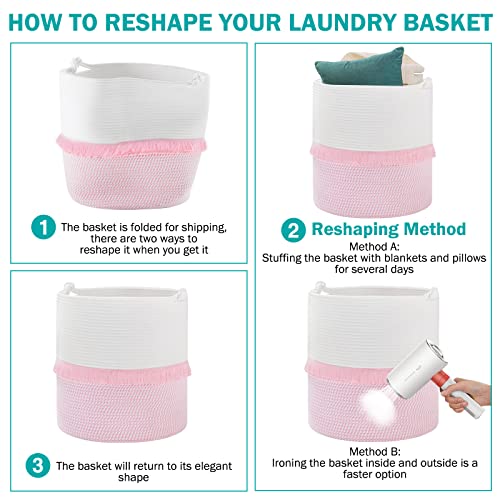Youdenova Tassel Basket, 55L Blanket Toy Storage Basket, Woven Cotton Rope Basket With Handle, Baby Laundry Hamper Basket For Blankets, Toys And Towels, 16"×17" Pink #TOP7