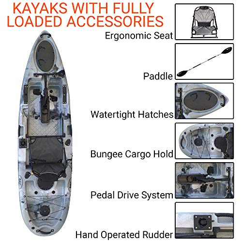 Bkc Pk11 Angler 10.5-Foot Sit On Top Solo Fishing Kayak W/Instant Reverse Pedal Drive, Hand Control Rudder, Paddle, And Upright Seat (Grey Camo) #TOP2