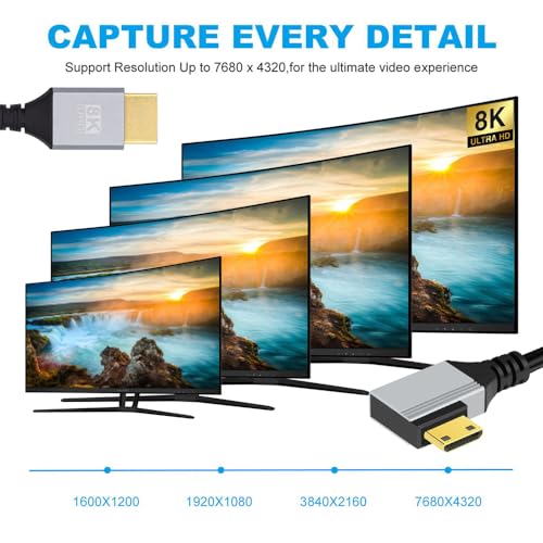 xiwai Cabo HDTV ultrafino de 90 graus, ângulo esquerdo, mini HDMI 2.1 Tipo-A para Tipo-C 8K 4K cabo