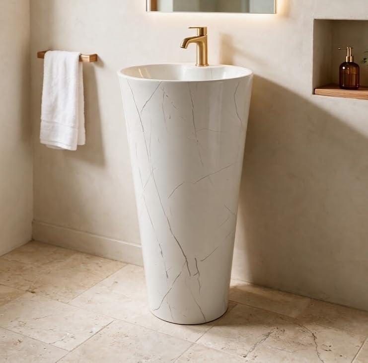 Image of Backline Pedestal Wash Basin| Free Standing Pedestal Basin 7 Years Warranty | One Piece Basin for Bathroom /Office /Living Room /Restaurant (Size - 15 x 15 x 34 Inch) (White Glossy)