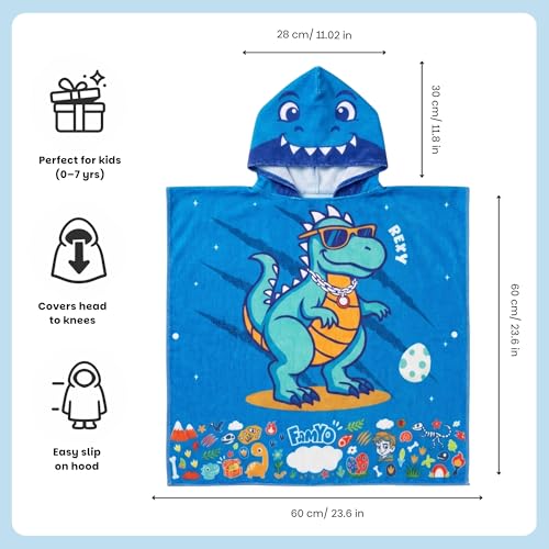 Image of Famyo Poncho Hood Maxx Towel for Kids 1-7 Years, Rexy Dino, 60 x 60 cm | Quick-dry microfiber hooded towel, soft, lightweight and absorbent for beach, pool and bath, suitable for boys and girls