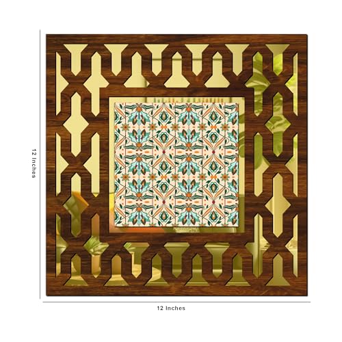 Image of Wooden Turkish Pattern Mirror Wall Decor Panel for Home Decor Living Room Bed Room Office (AD6, 12X12 Inches, Set of 2)