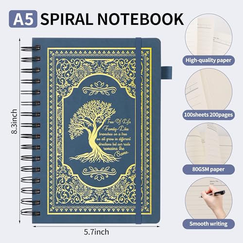WHLBHG Tree Journal familial à spirale ligné A5 avec couverture rigide en cuir pour écrire, papier épais de 80 g/m² (arbre à spirales - bleu foncé) – vue 2