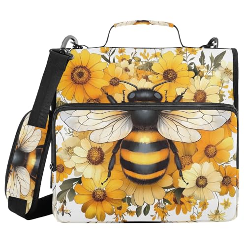 Image of 3 Ring Zipper Binder with Shoulder Strap Yellow Daisy Bee Bumblebees 1.5 inch Binders Keeper Large Capacity Multi Pockets for School Office Supplies