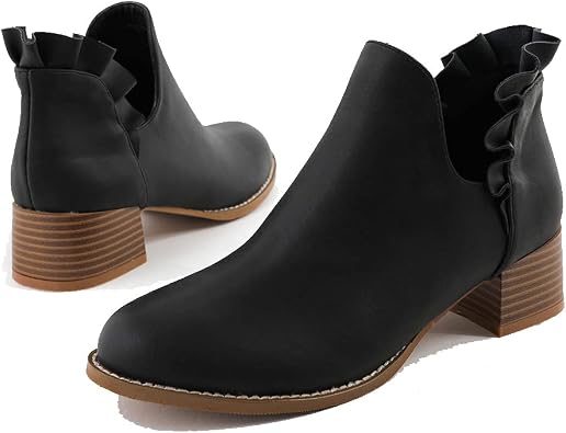 Tscoyuki Womens Chelsea Cutout Ankle Boots, Slip on Round Toe Stacked Mid Chunky Heels Combat Boots for Women