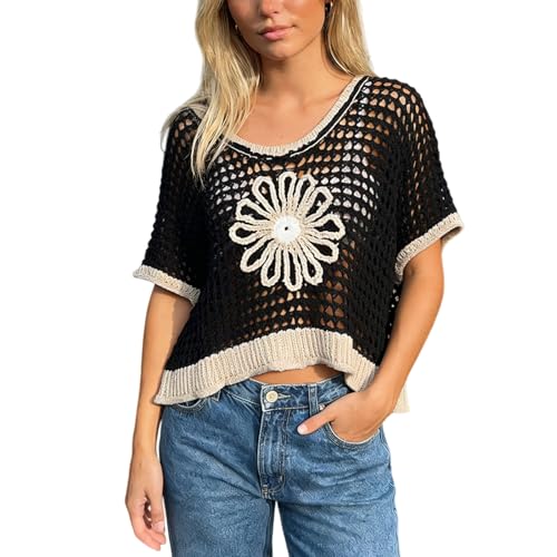 Image of Women Floral Crochet Sweater Short Sleeve Crewneck Hollow Out Lightweight Knit Pullover Tops 2025 Summer Beach Cover Ups
