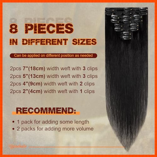 Image of Benehair Clip in Hair Extensions Real Human Hair, Blonde Hair Extensions Clip in Human Hair for Women, Long Straight, Remy Natural, Full Head 8pcs 8inch #1 Jet Black
