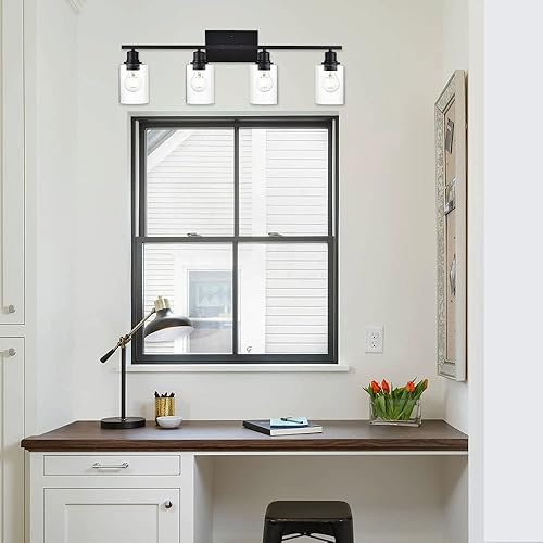 Miniatura 55 de VINLUZ Lámpara de tocador negra mate para baño, 3 luces de casa de campo, interiores, accesorios de iluminación sobre espejo con pantalla de vidrio